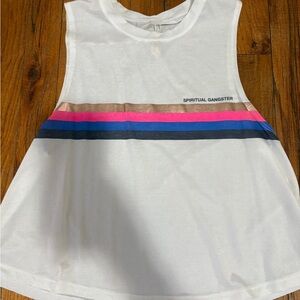 Spiritual Gangster White Tank with Pink, Blue, and Gold Stripes